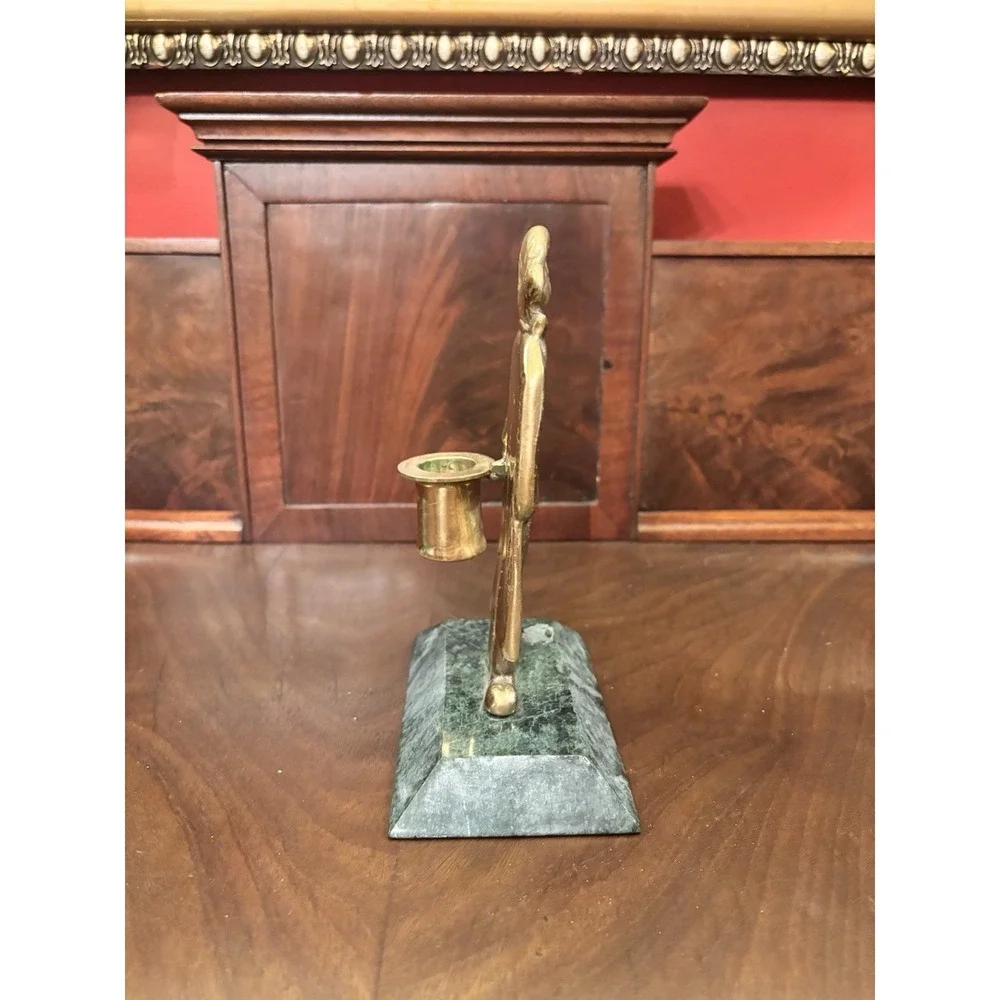 Vintage Brass Monkey Figural Candle‎ Holder Butler w/ Top Hat Marble Base 7